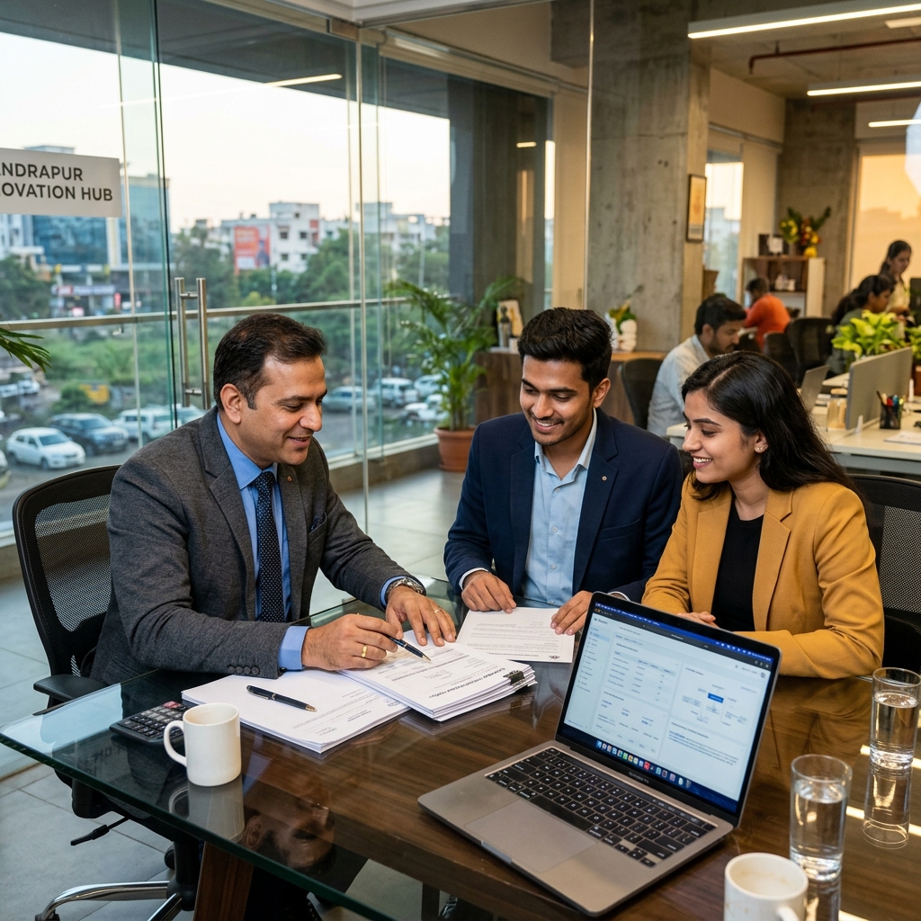 Indian CA consulting with startup founders at conference table in Chandrapur office